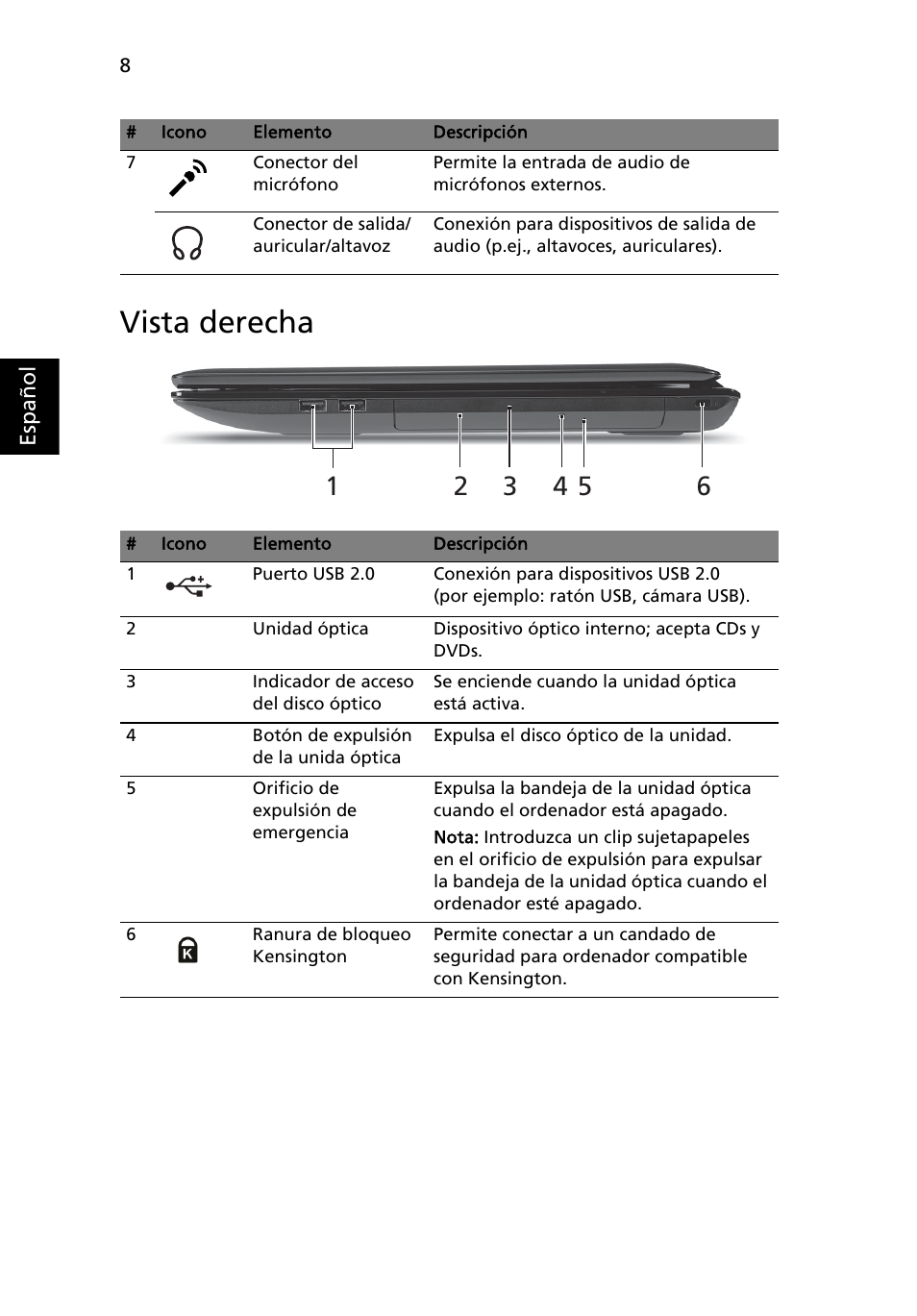 Vista derecha | Acer Aspire 7741ZG User Manual | Page 50 / 313