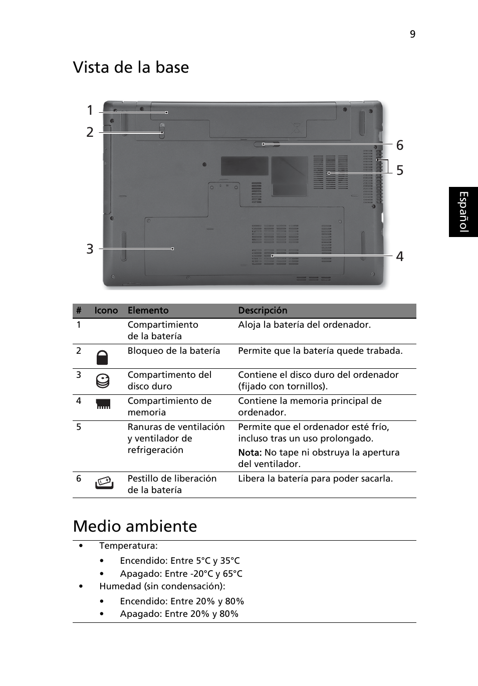 Vista de la base, Medio ambiente, Vista de la base medio ambiente | Acer Aspire 7741ZG User Manual | Page 51 / 313