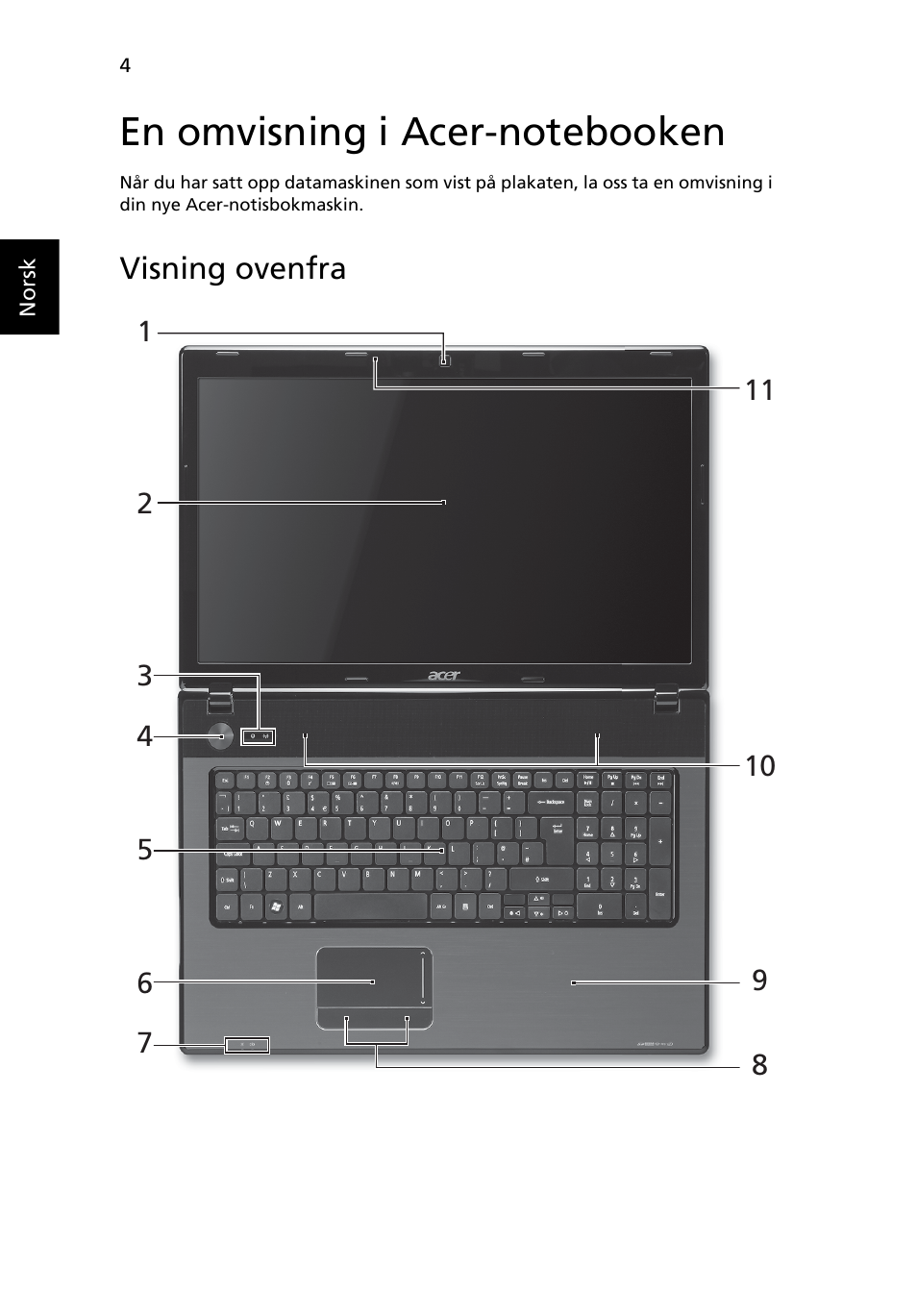 En omvisning i acer-notebooken, Visning ovenfra | Acer Aspire 7741ZG User Manual | Page 78 / 313