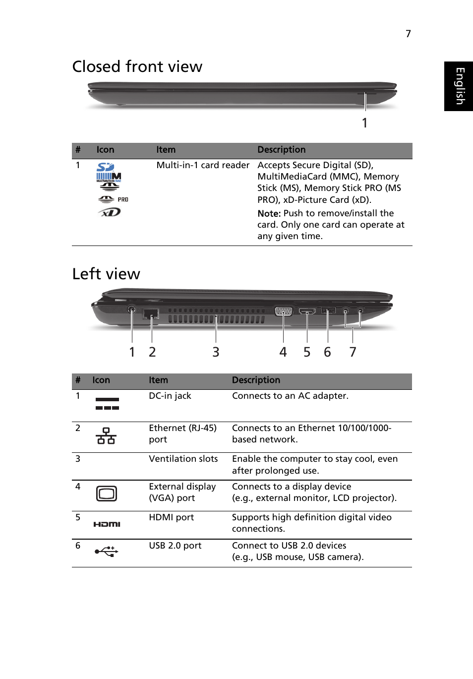 Closed front view, Left view, Closed front view left view | Acer Aspire 7741ZG User Manual | Page 9 / 313