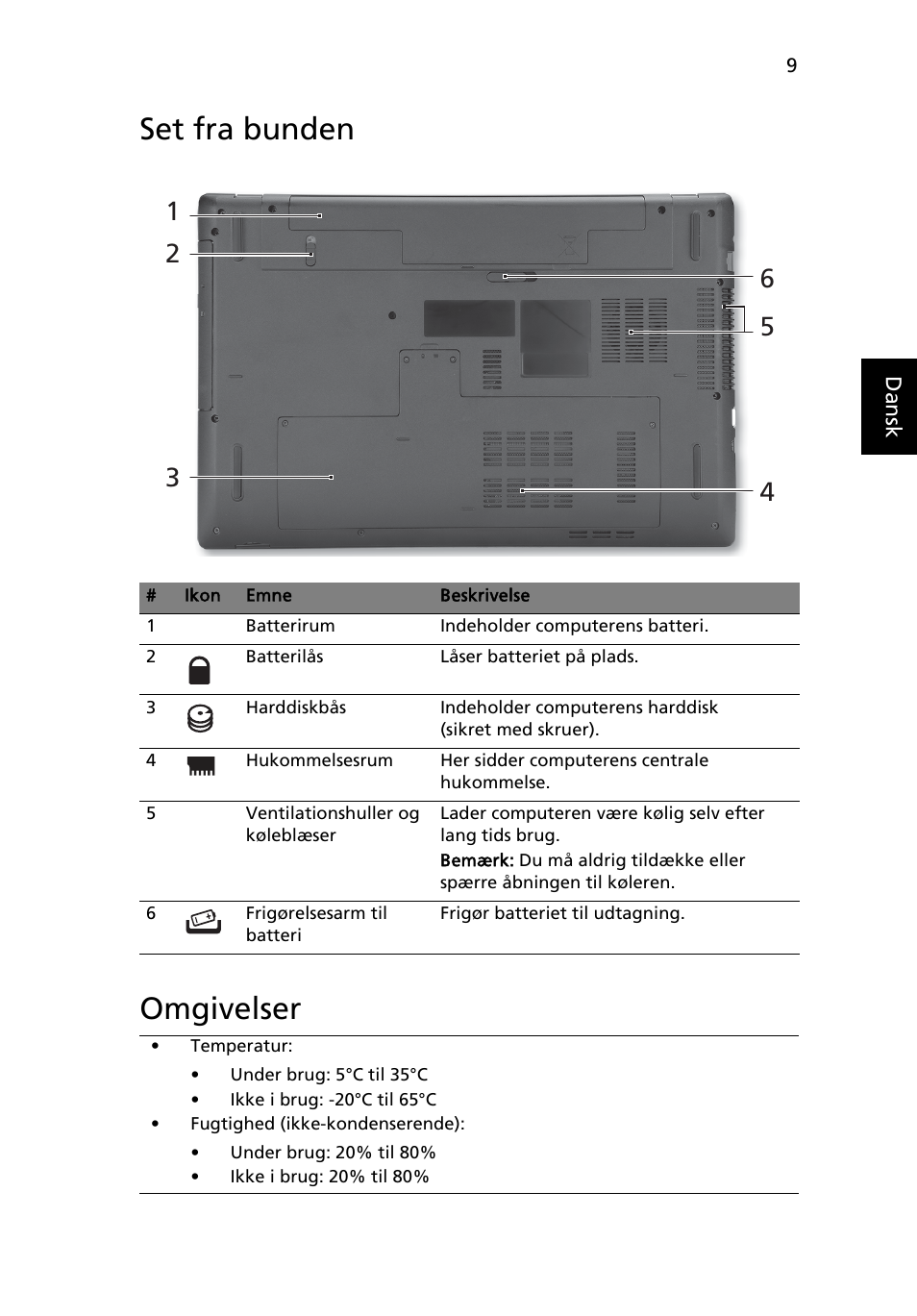 Set fra bunden, Omgivelser, Set fra bunden omgivelser | Acer Aspire 7741ZG User Manual | Page 93 / 313