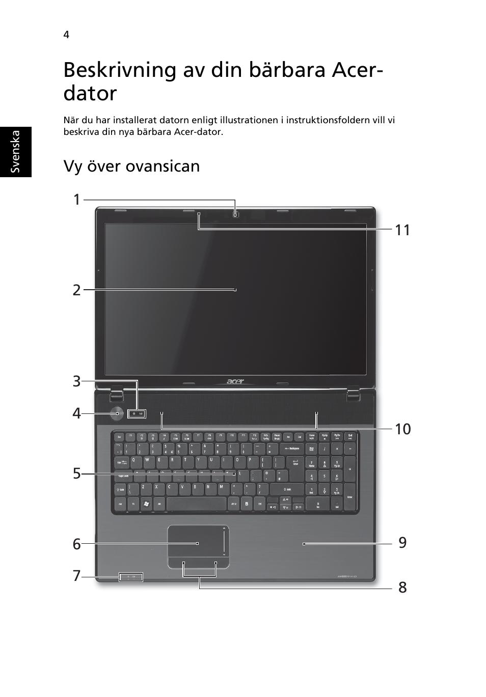 Beskrivning av din bärbara acer- dator, Vy över ovansican | Acer Aspire 7741ZG User Manual | Page 98 / 313