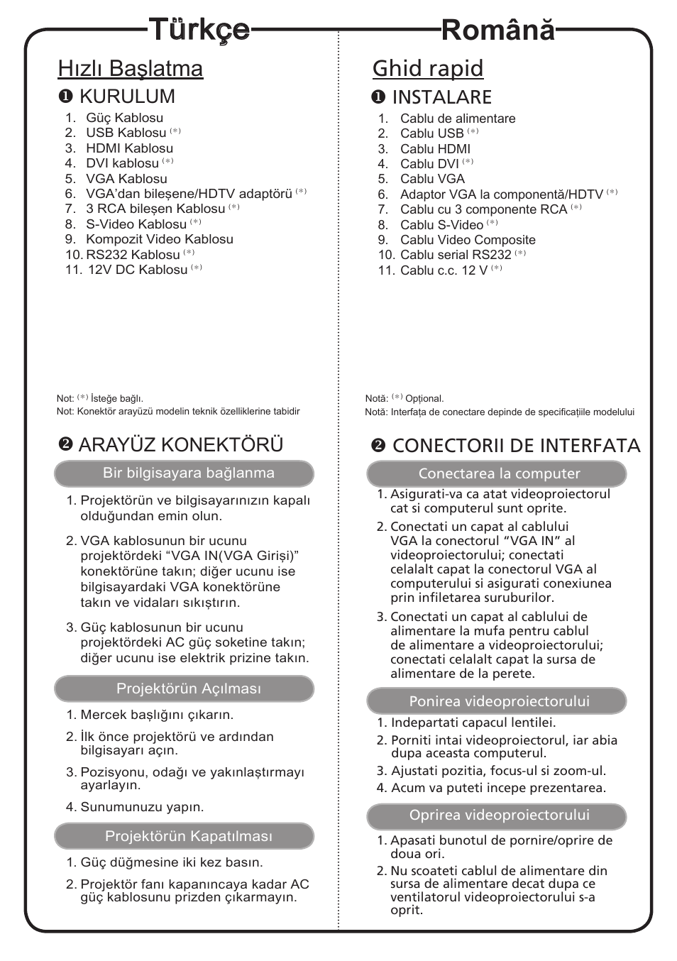 Türkçe, Română, Hızlı başlatma | Ghid rapid, Kurulum, Arayüz konektörü, Instalare, Conectorii de interfata | Acer H9500BD User Manual | Page 10 / 19