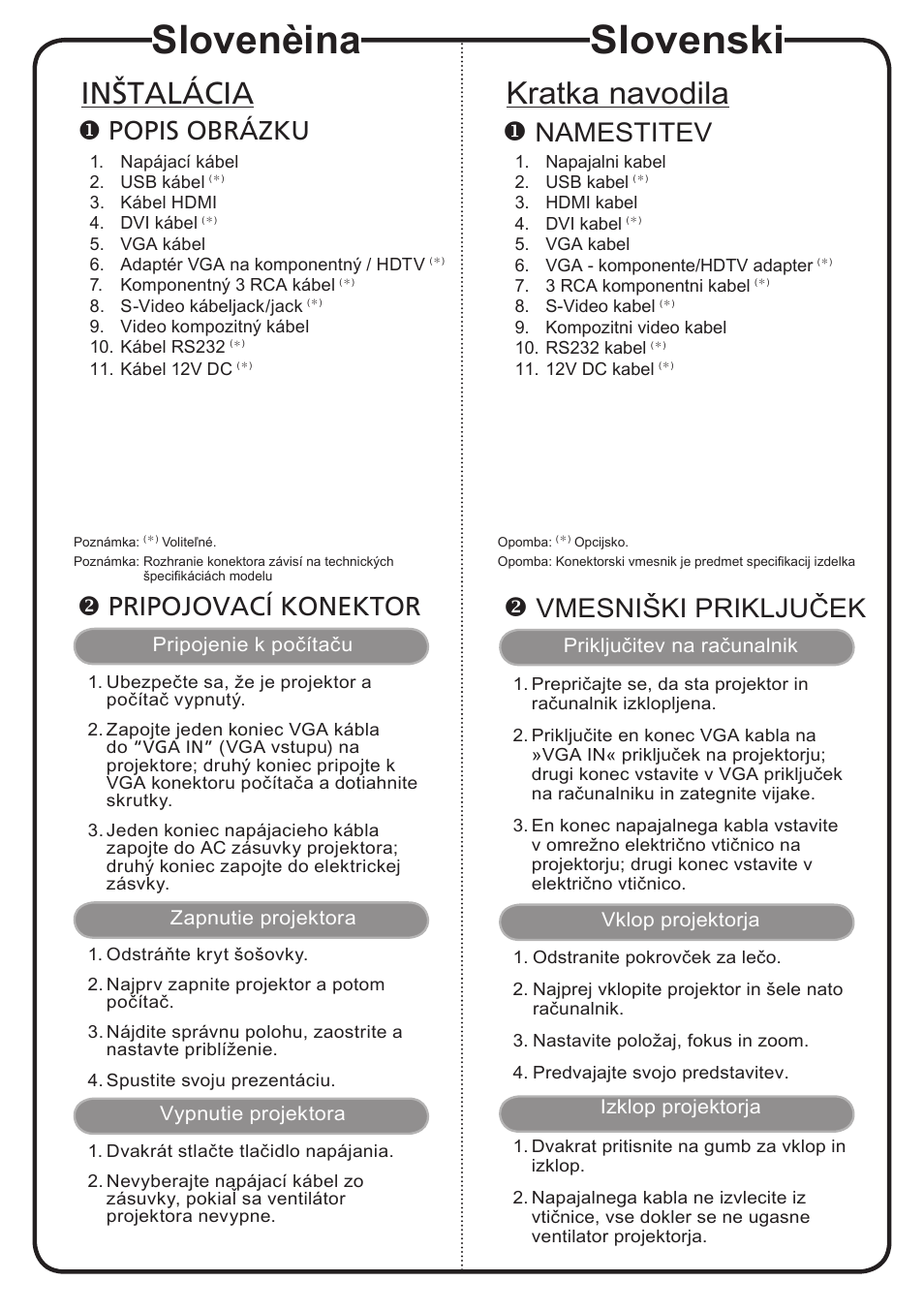 Slovenski, Slovenèina, Kratka navodila | Inštalácia, Namestitev, Vmesniški priključek, Popis obrázku, Pripojovací konektor | Acer H9500BD User Manual | Page 11 / 19