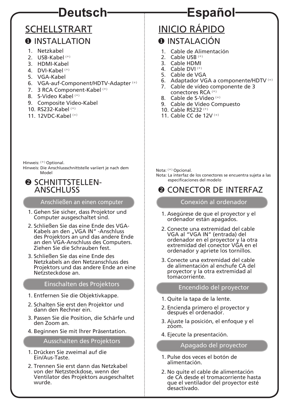 Español, Deutsch, Inicio rápido | Schellstrart, Instalación, Conector de interfaz, Installation, Schnittstellen- anschluss | Acer H9500BD User Manual | Page 4 / 19