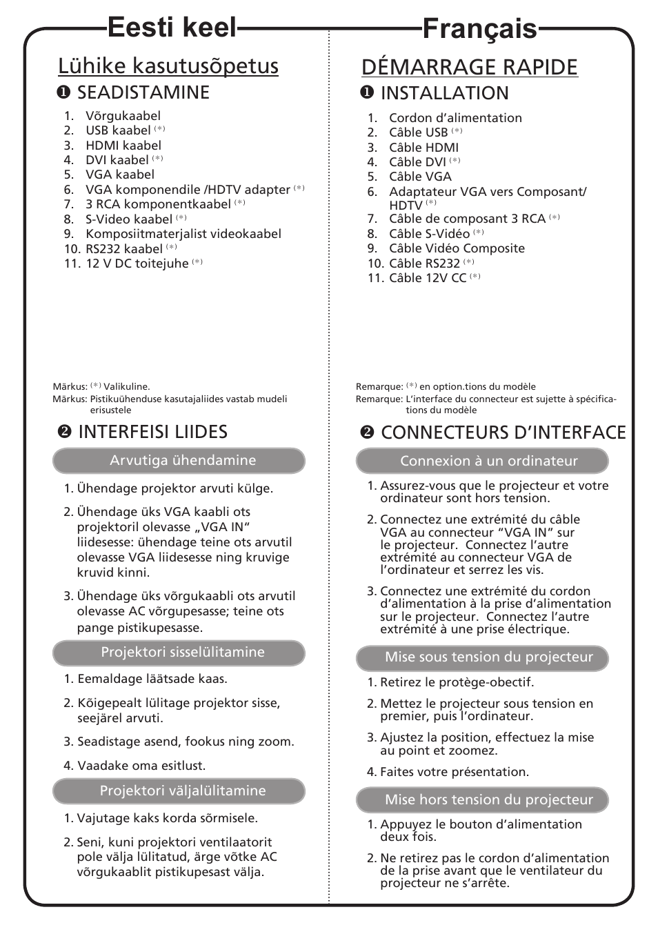 Français, Eesti keel, Démarrage rapide | Lühike kasutusõpetus, Installation, Connecteurs d’interface, Seadistamine, Interfeisi liides | Acer H9500BD User Manual | Page 5 / 19