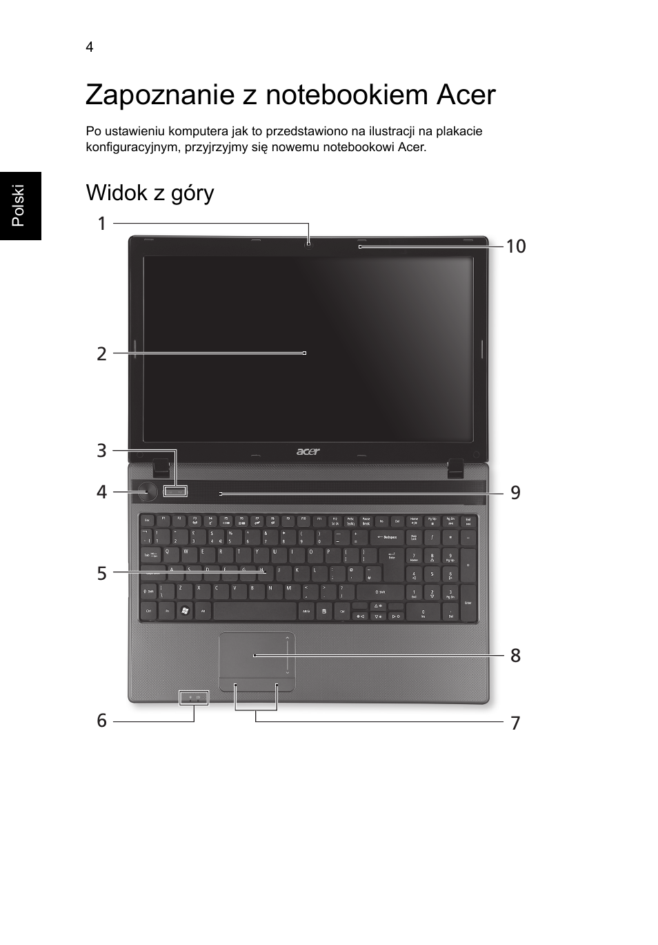 Zapoznanie z notebookiem acer, Widok z góry | Acer Aspire 5552G User Manual | Page 128 / 314