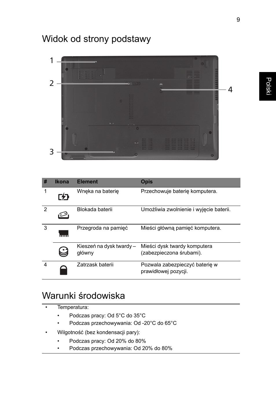 Widok od strony podstawy, Warunki środowiska, Widok od strony podstawy warunki środowiska | Acer Aspire 5552G User Manual | Page 133 / 314