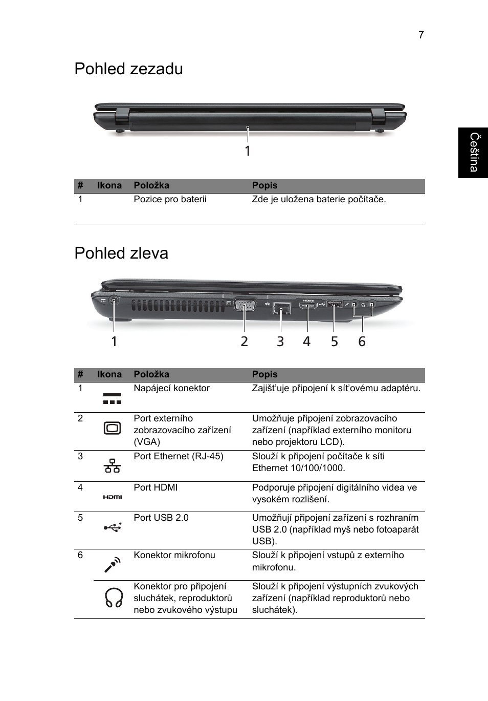 Pohled zezadu, Pohled zleva, Pohled zezadu pohled zleva | Acer Aspire 5552G User Manual | Page 151 / 314