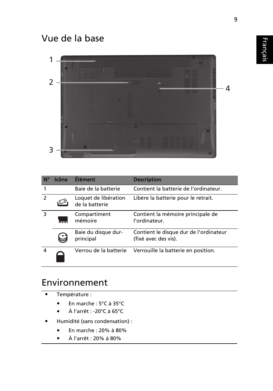 Vue de la base, Environnement, Vue de la base environnement | Français | Acer Aspire 5552G User Manual | Page 21 / 314