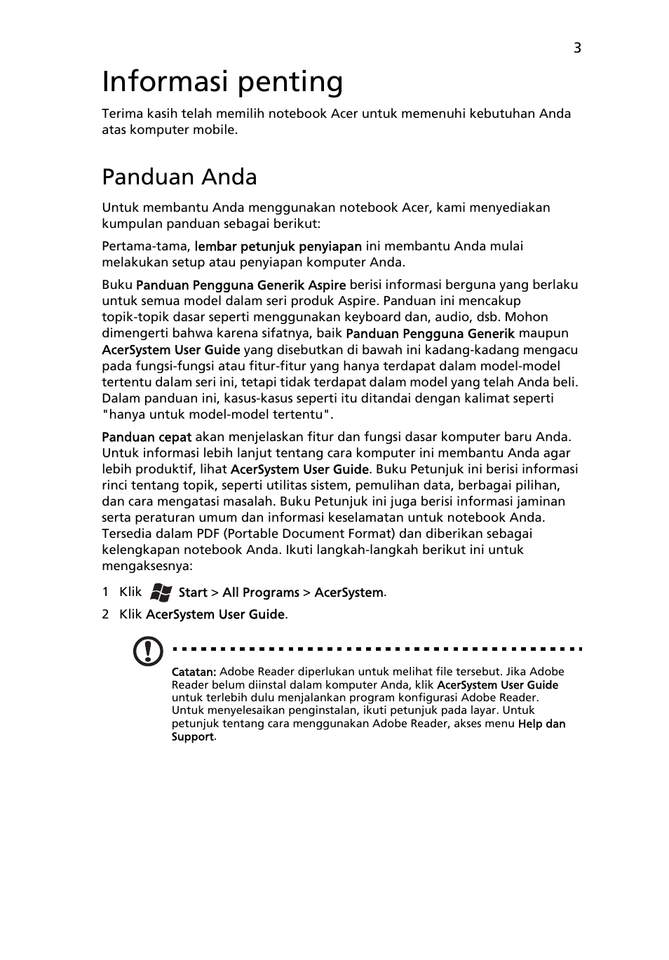 Informasi penting, Panduan anda | Acer Aspire 5552G User Manual | Page 297 / 314