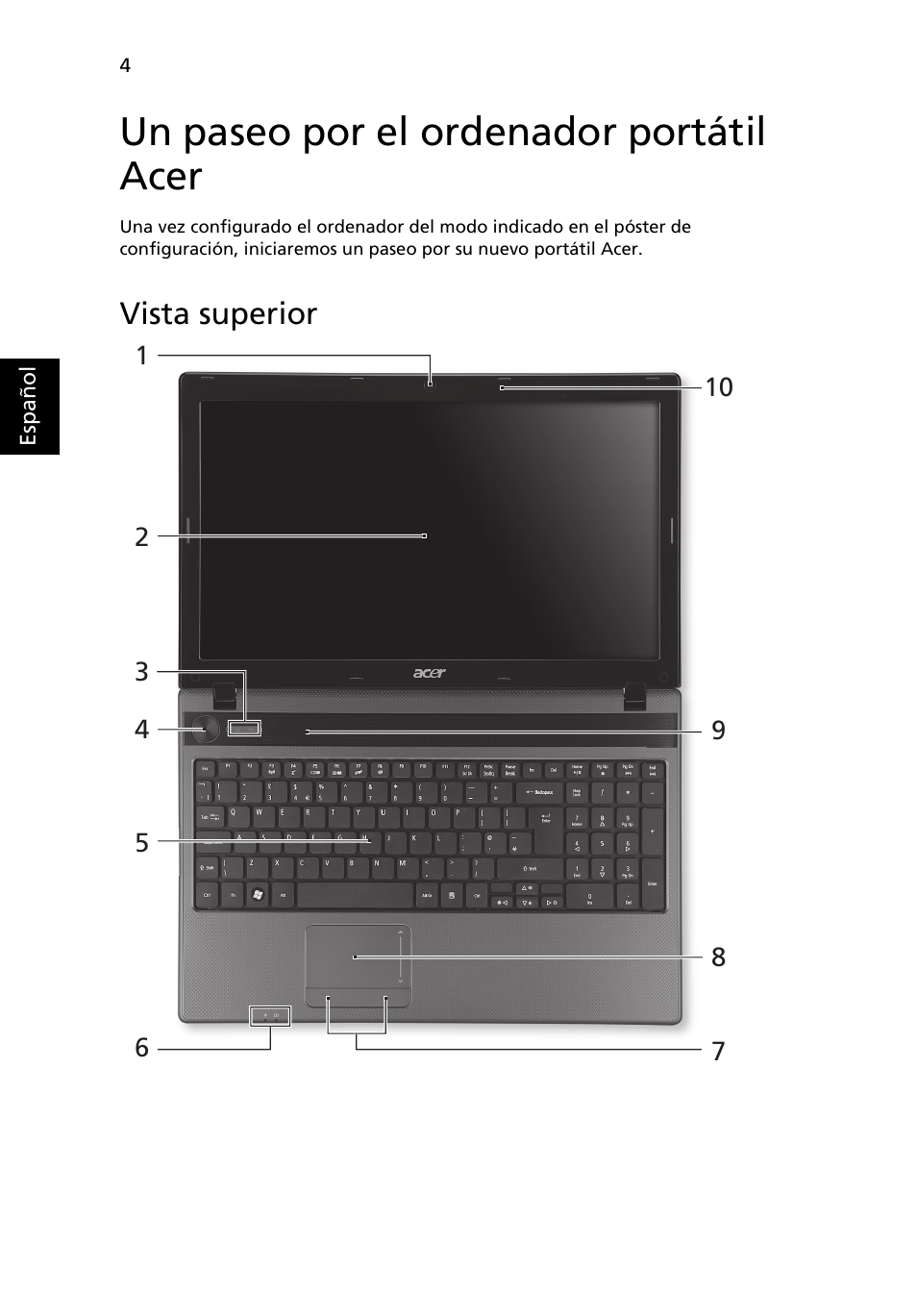 Un paseo por el ordenador portátil acer, Vista superior | Acer Aspire 5552G User Manual | Page 46 / 314