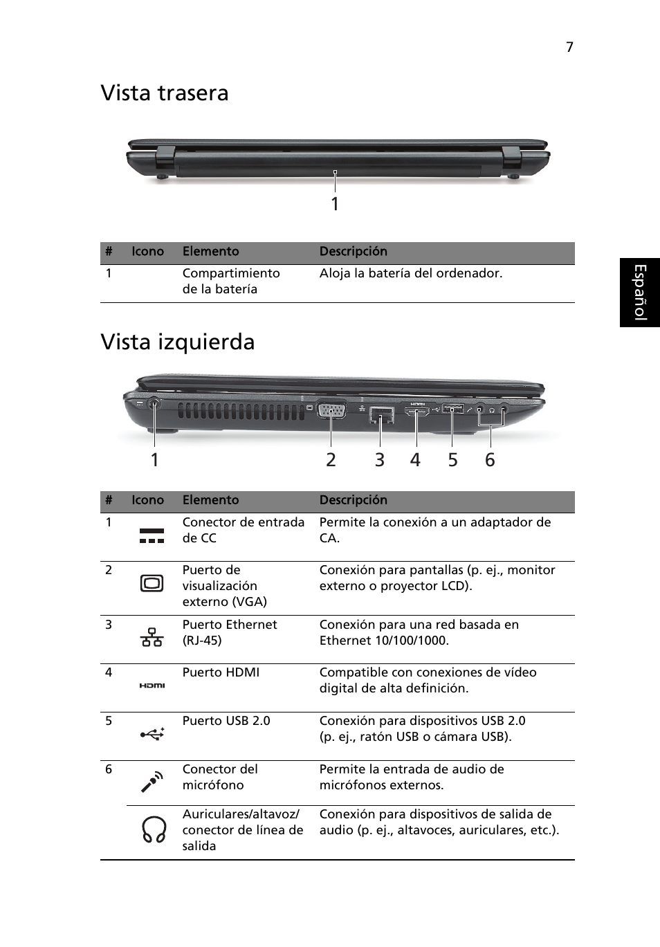 Vista trasera, Vista izquierda, Vista trasera vista izquierda | Acer Aspire 5552G User Manual | Page 49 / 314