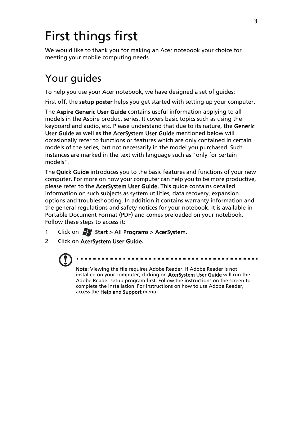 First things first, Your guides | Acer Aspire 5552G User Manual | Page 5 / 314