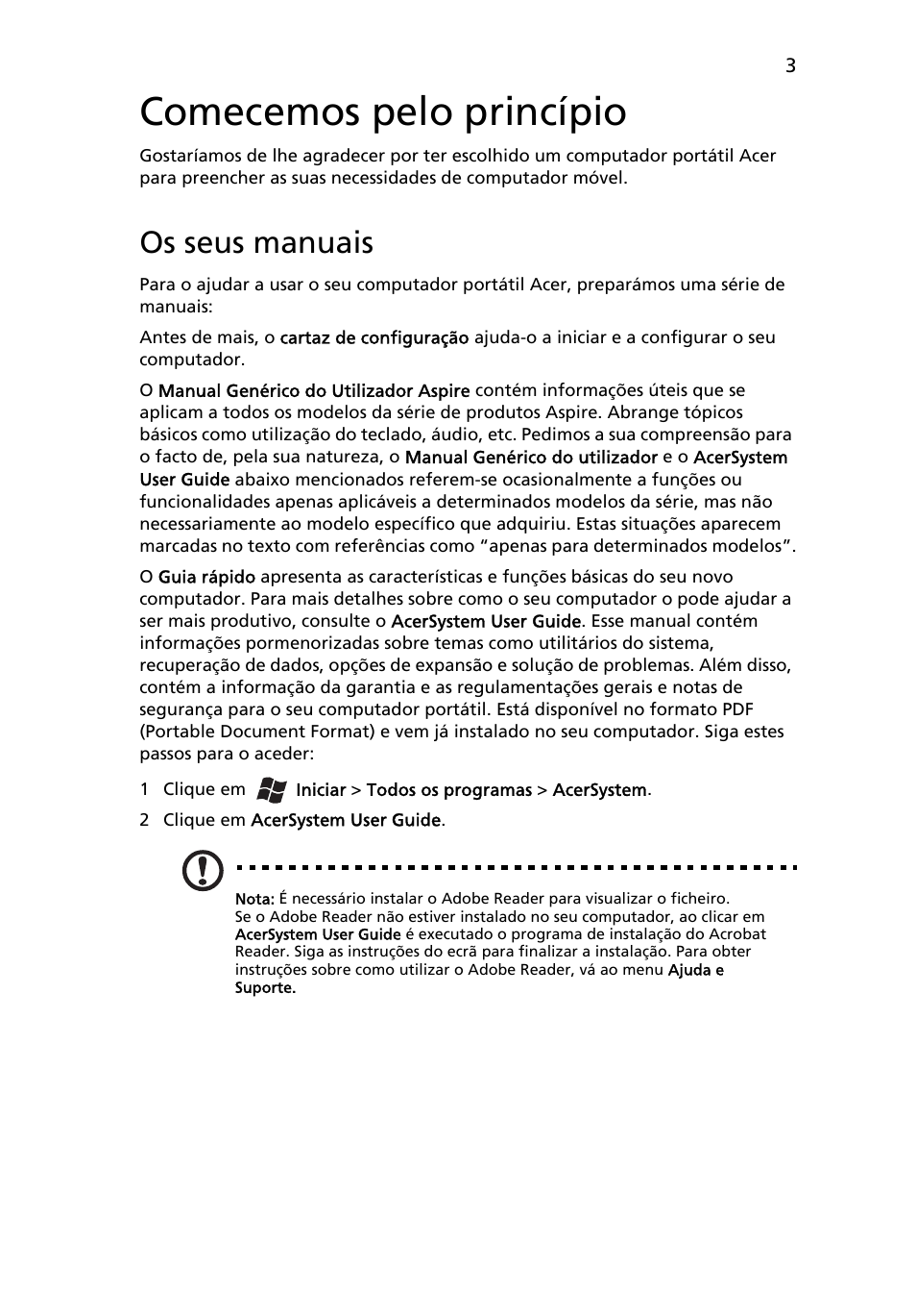 Comecemos pelo princípio, Os seus manuais | Acer Aspire 5552G User Manual | Page 57 / 314