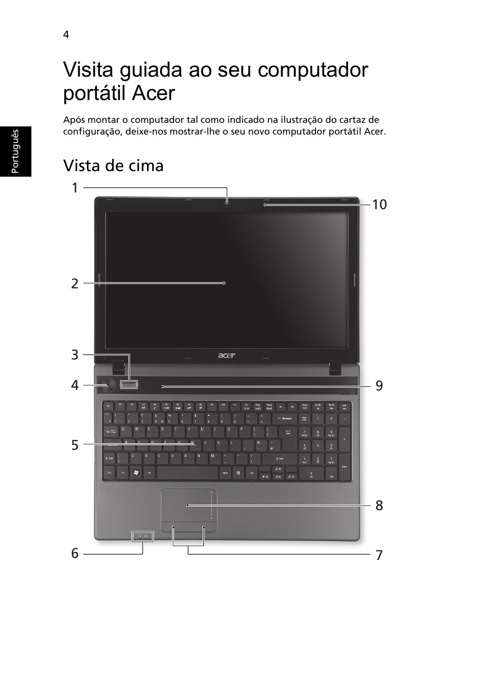 Visita guiada ao seu computador portátil acer, Vista de cima | Acer Aspire 5552G User Manual | Page 58 / 314