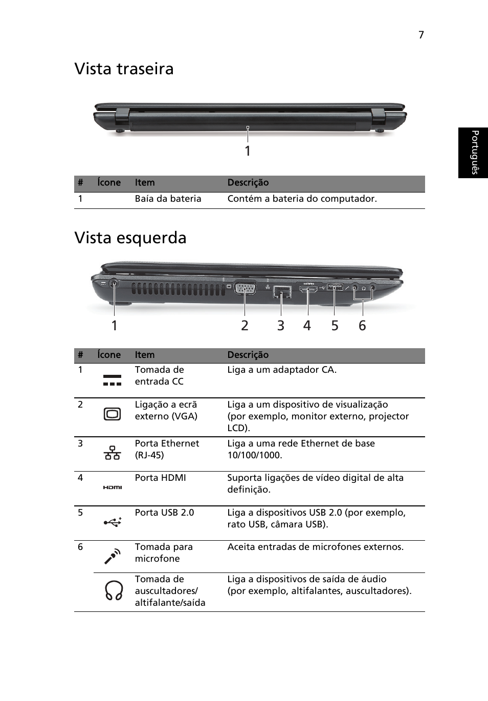 Vista traseira, Vista esquerda, Vista traseira vista esquerda | Acer Aspire 5552G User Manual | Page 61 / 314