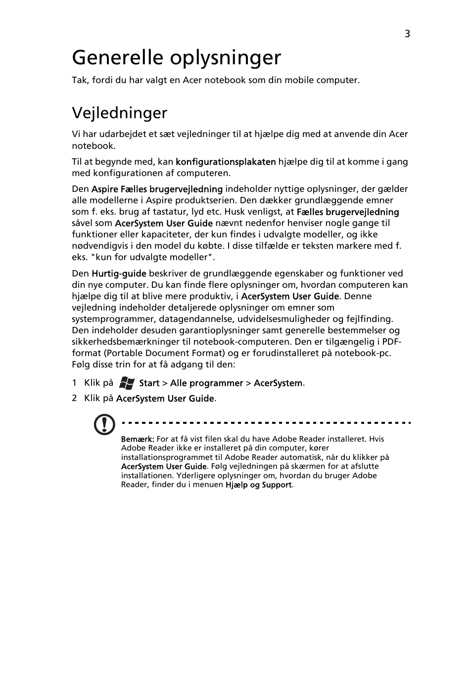 Generelle oplysninger, Vejledninger | Acer Aspire 5552G User Manual | Page 87 / 314