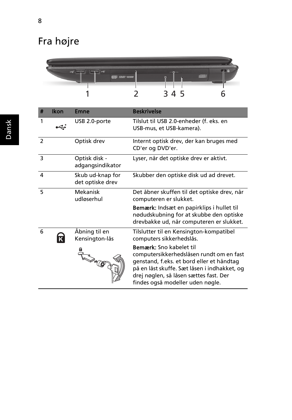 Fra højre | Acer Aspire 5552G User Manual | Page 92 / 314