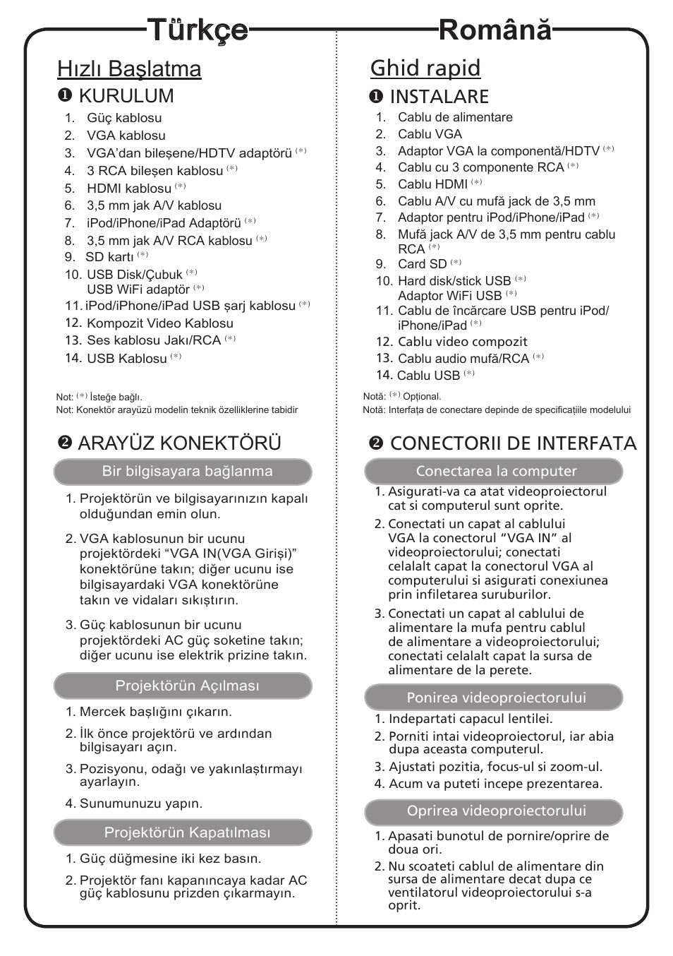Română, Türkçe, Ghid rapid | Hızlı başlatma, Instalare, Conectorii de interfata, Kurulum, Arayüz konektörü | Acer K330 User Manual | Page 10 / 19