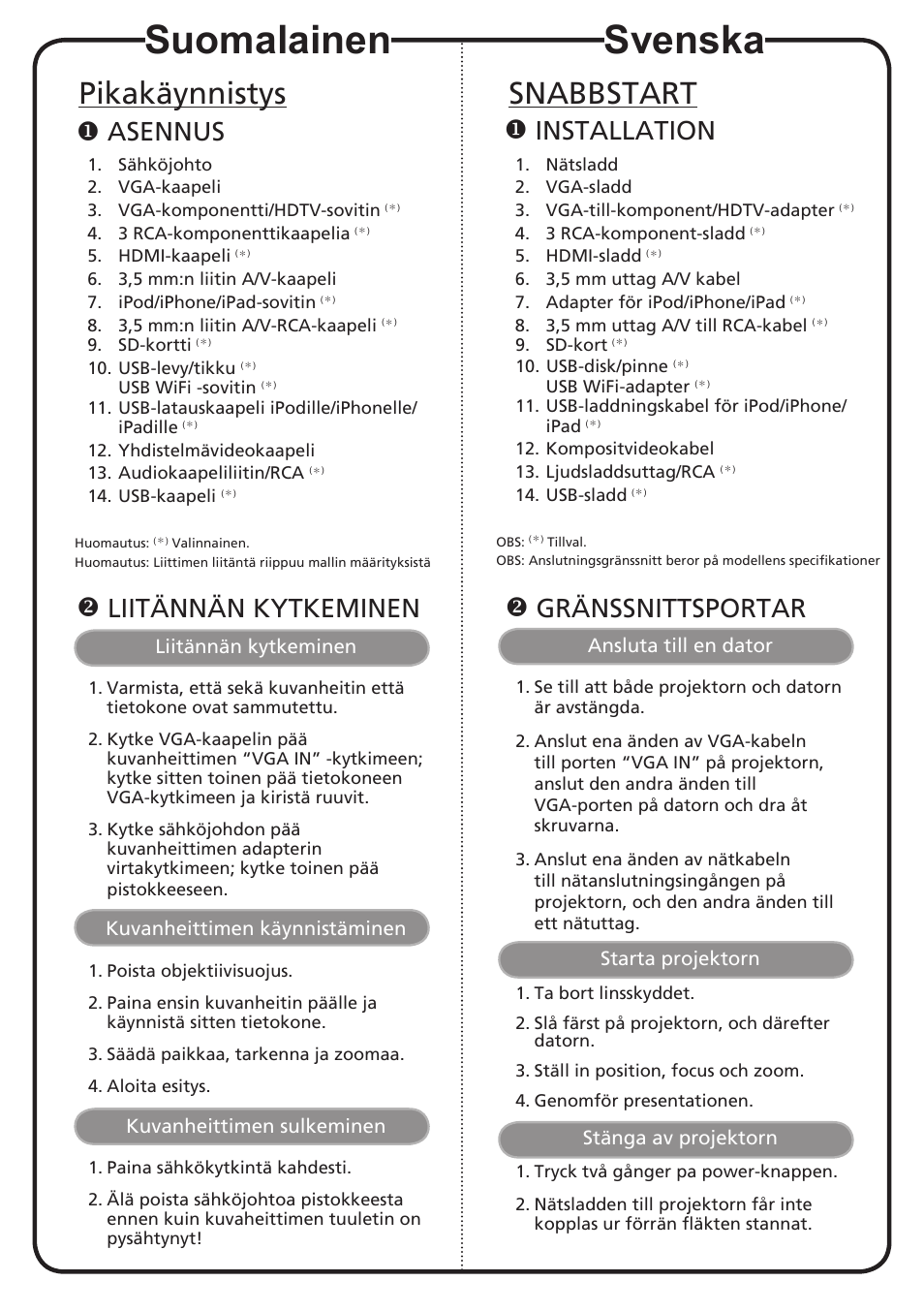Svenska, Suomalainen, Snabbstart | Pikakäynnistys, Installation, Gränssnittsportar, Asennus, Liitännän kytkeminen | Acer K330 User Manual | Page 12 / 19