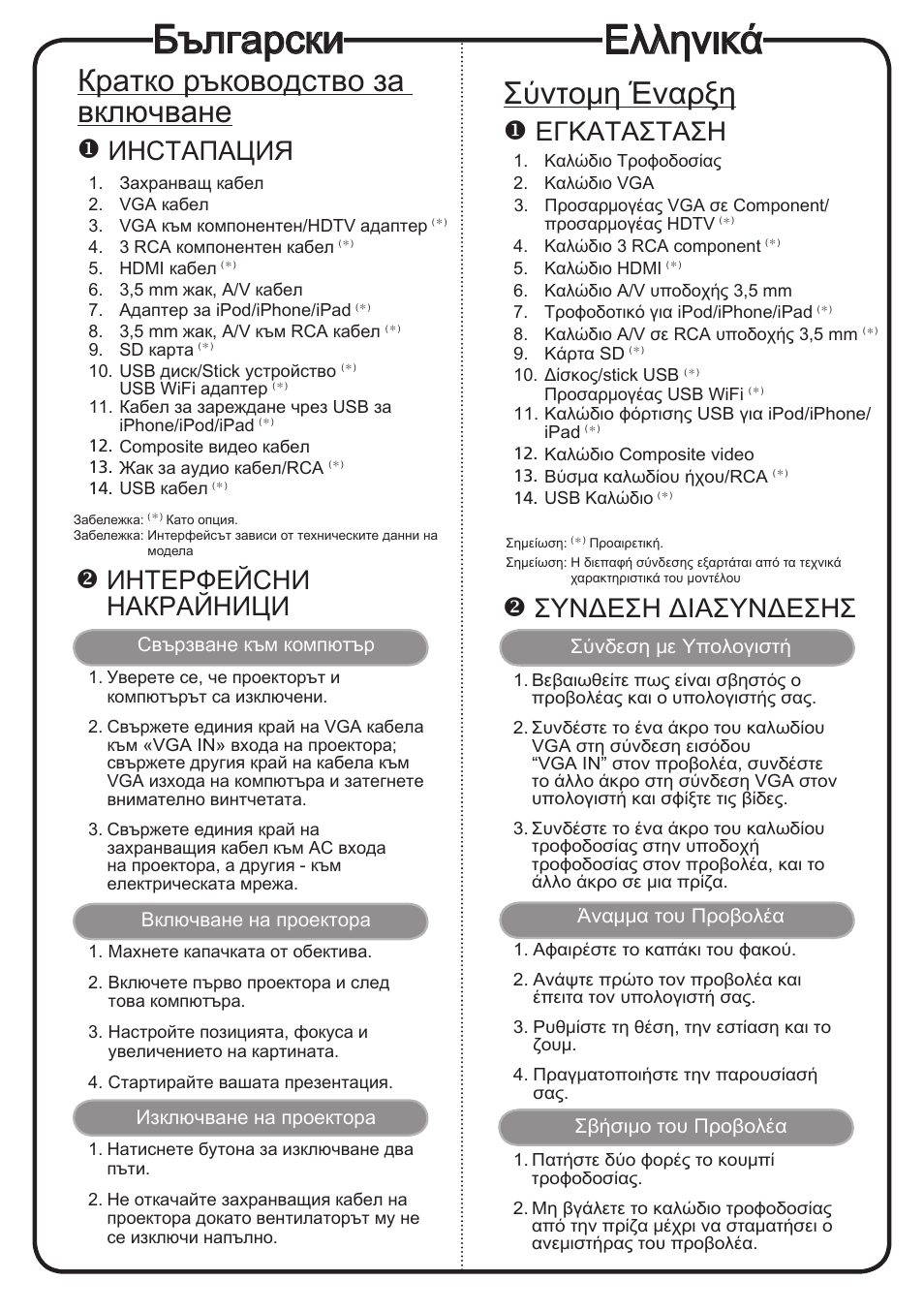 Български, Ελληνικά, Кратко ръководство за включване | Σύντομη έναρξη, Иhctaпaция, Интерфейсни накрайници, Εγκατaσταση, Συνδεση διασυνδεσησ | Acer K330 User Manual | Page 14 / 19