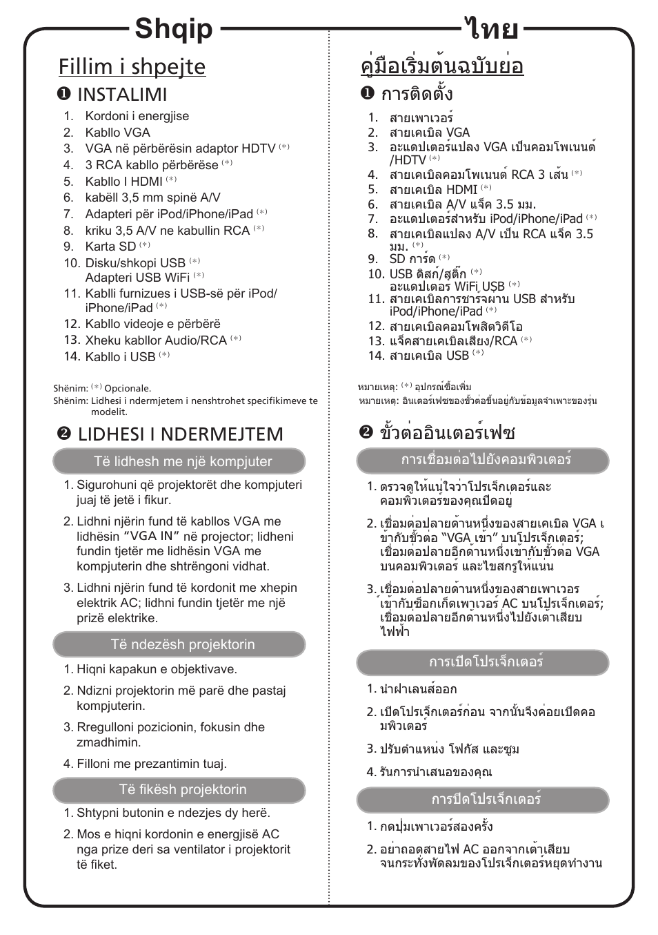 Shqip, Fillim i shpejte, คู่มือเริ่มต้นฉบับย่อ | Instalimi, Lidhesi i ndermejtem, การติดตั้ง, ขั้วต่ออินเตอร์เฟซ | Acer K330 User Manual | Page 16 / 19