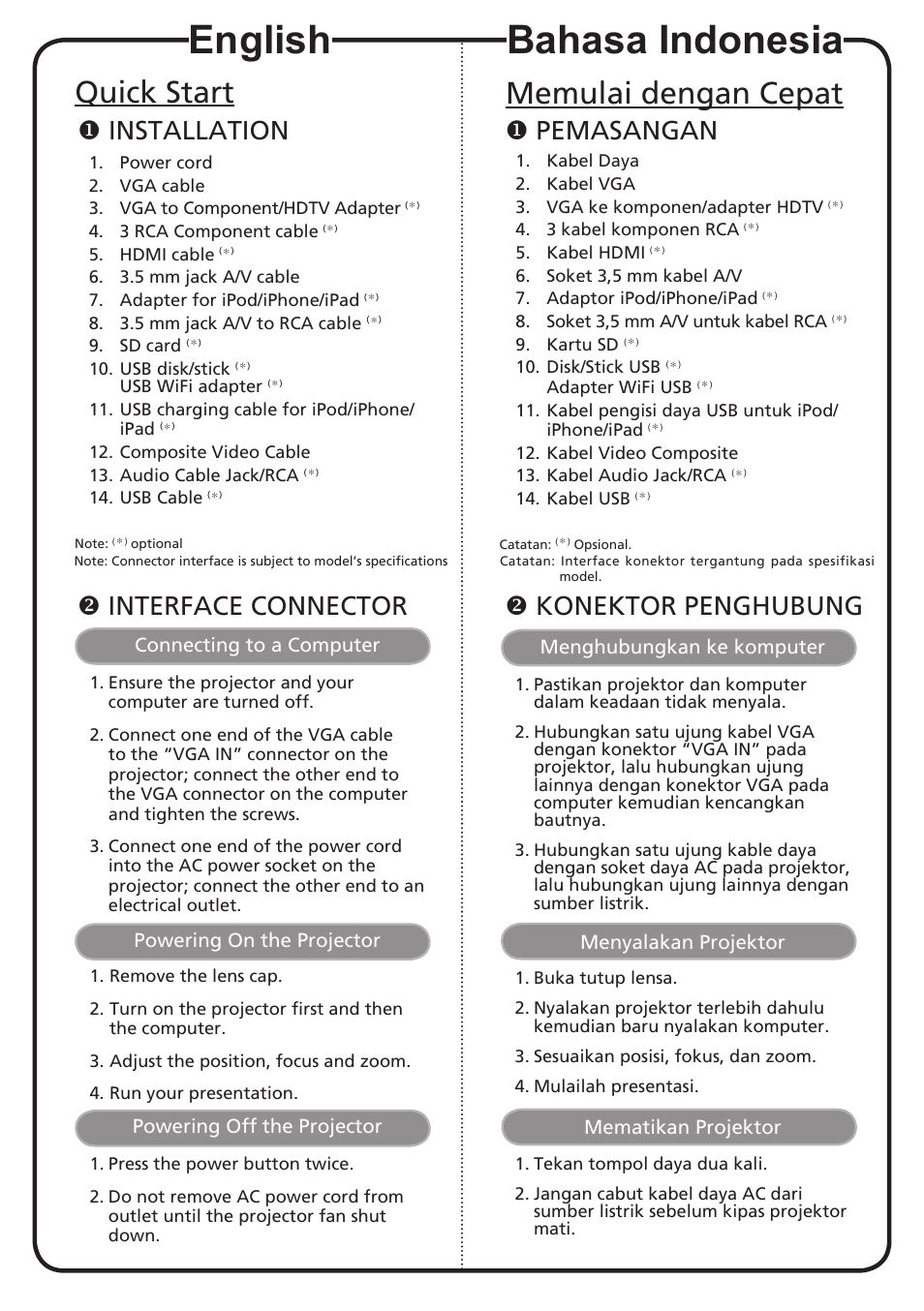 Bahasa indonesia, English, Memulai dengan cepat | Quick start, Pemasangan, Konektor penghubung, Installation, Interface connector, Menghubungkan ke komputer, Menyalakan projektor | Acer K330 User Manual | Page 2 / 19