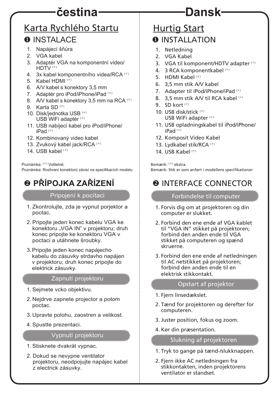 Čestina, Dansk, Karta rychlého startu | Hurtig start, Instalace, Přípojka zařízení, Installation, Interface connector | Acer K330 User Manual | Page 3 / 19