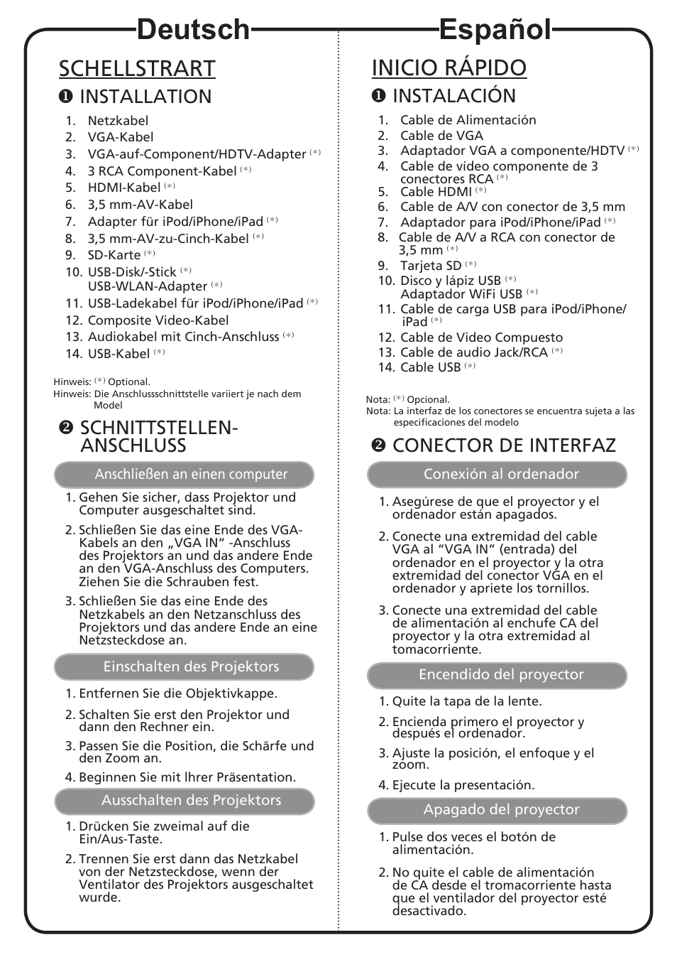 Deutsch, Español, Schellstrart | Inicio rápido, Installation, Schnittstellen- anschluss, Instalación, Conector de interfaz | Acer K330 User Manual | Page 4 / 19