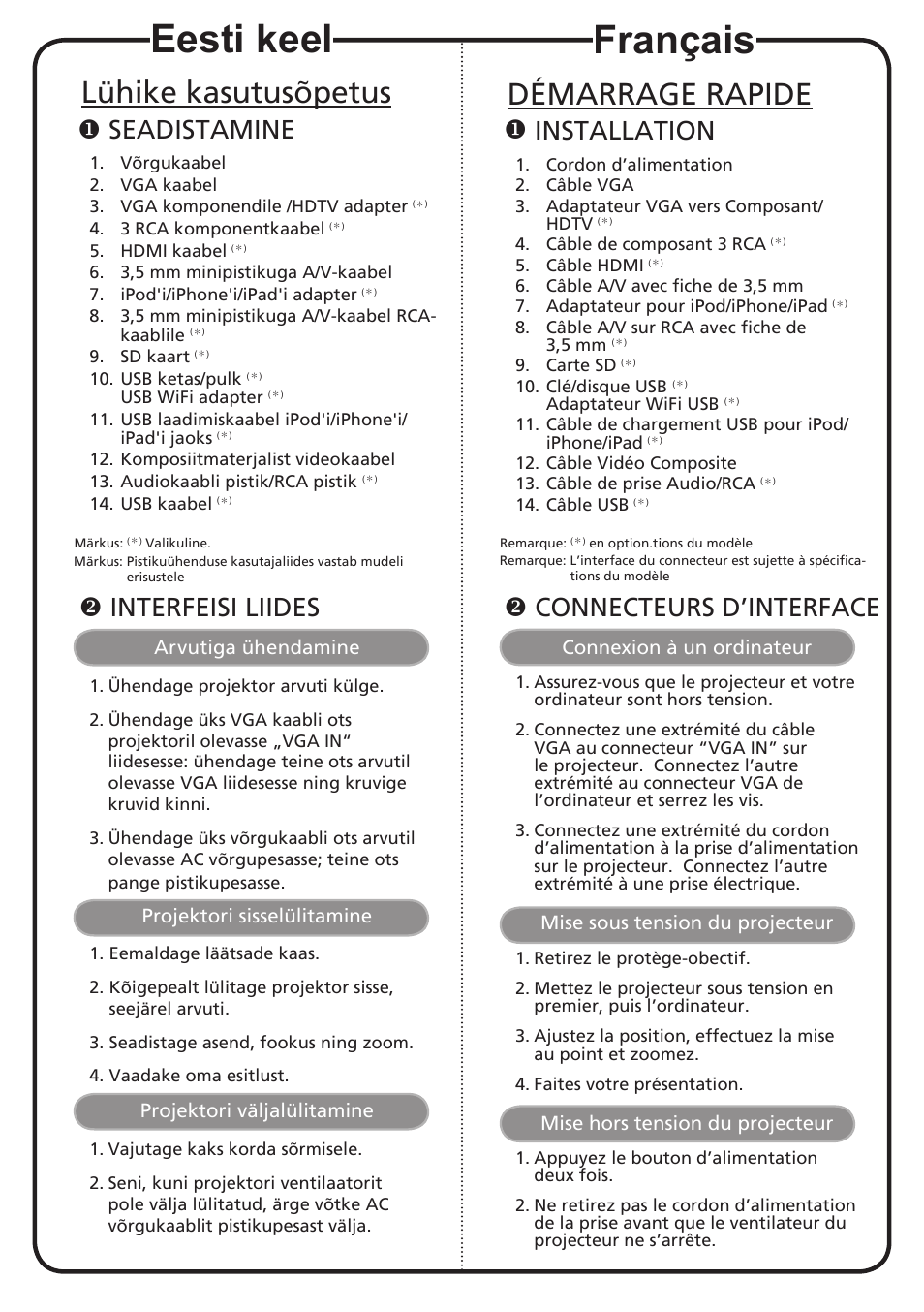 Eesti keel, Français, Lühike kasutusõpetus | Démarrage rapide, Seadistamine, Interfeisi liides, Installation, Connecteurs d’interface | Acer K330 User Manual | Page 5 / 19