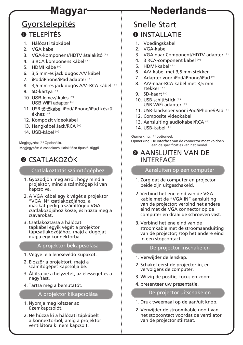 Magyar, Nederlands, Gyorstelepítés | Snelle start, Telepítés, Csatlakozók, Installatie, Aansluiten van de interface | Acer K330 User Manual | Page 7 / 19