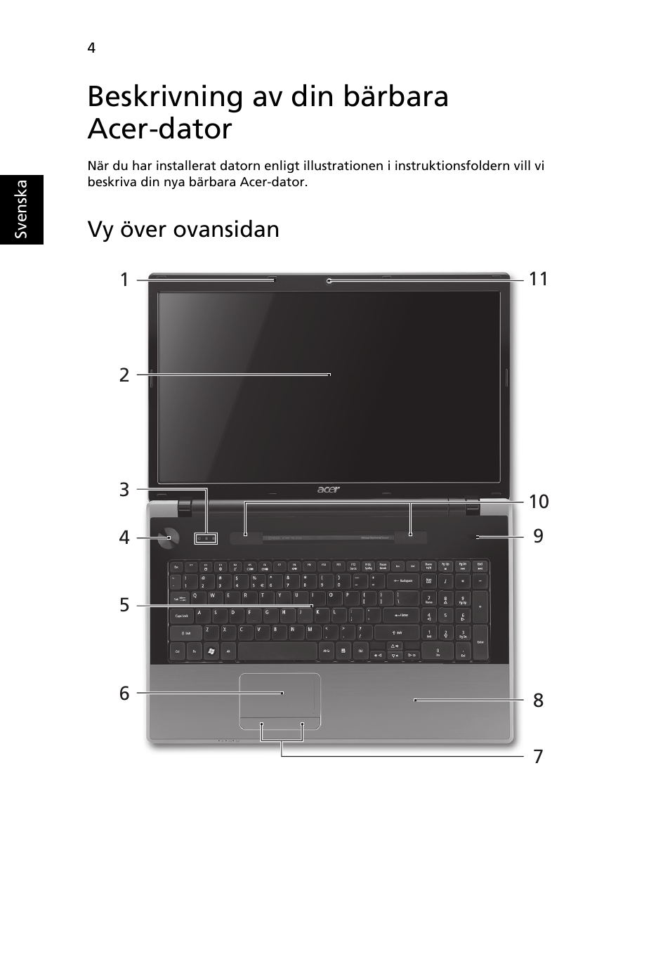 Beskrivning av din bärbara acer-dator, Vy över ovansidan | Acer Aspire 7745Z User Manual | Page 116 / 376