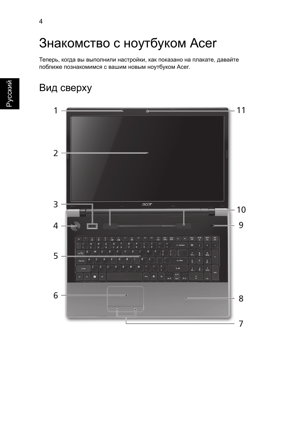 Знакомство с ноутбуком acer, Вид сверху | Acer Aspire 7745Z User Manual | Page 140 / 376