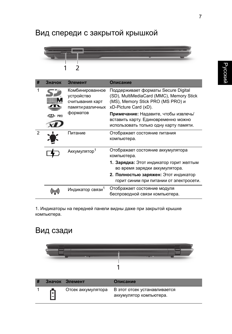 Вид спереди с закрытой крышкой, Вид сзади | Acer Aspire 7745Z User Manual | Page 143 / 376