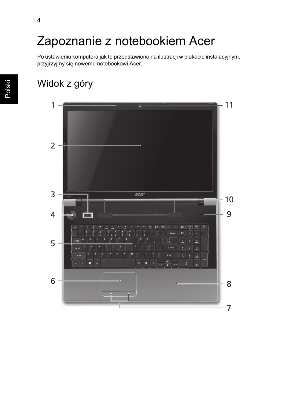 Zapoznanie z notebookiem acer, Widok z góry | Acer Aspire 7745Z User Manual | Page 152 / 376