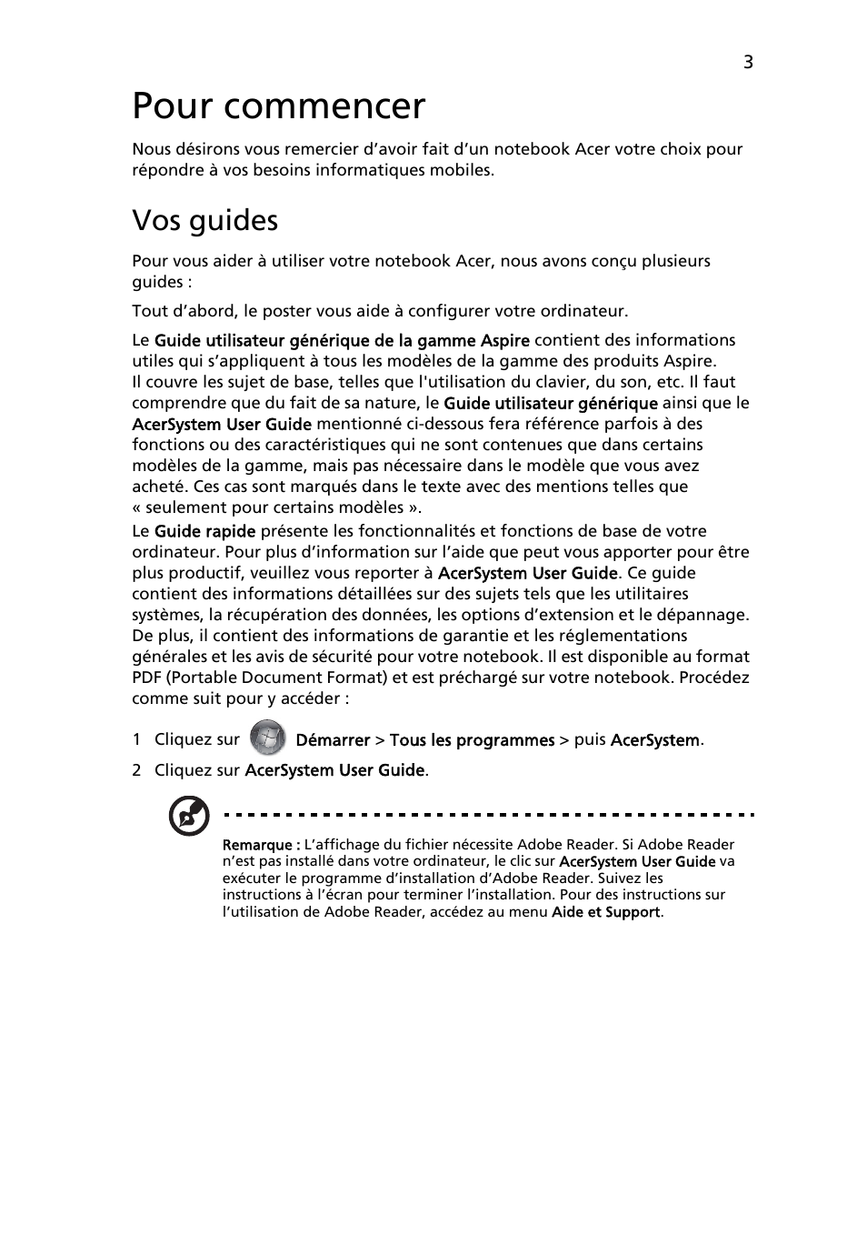 Pour commencer, Vos guides | Acer Aspire 7745Z User Manual | Page 17 / 376