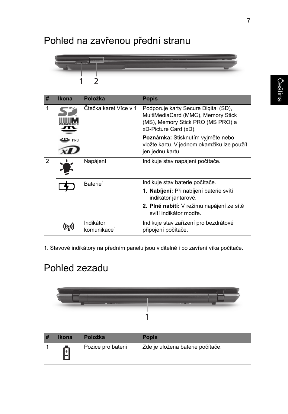 Pohled na zavřenou přední stranu, Pohled zezadu | Acer Aspire 7745Z User Manual | Page 179 / 376