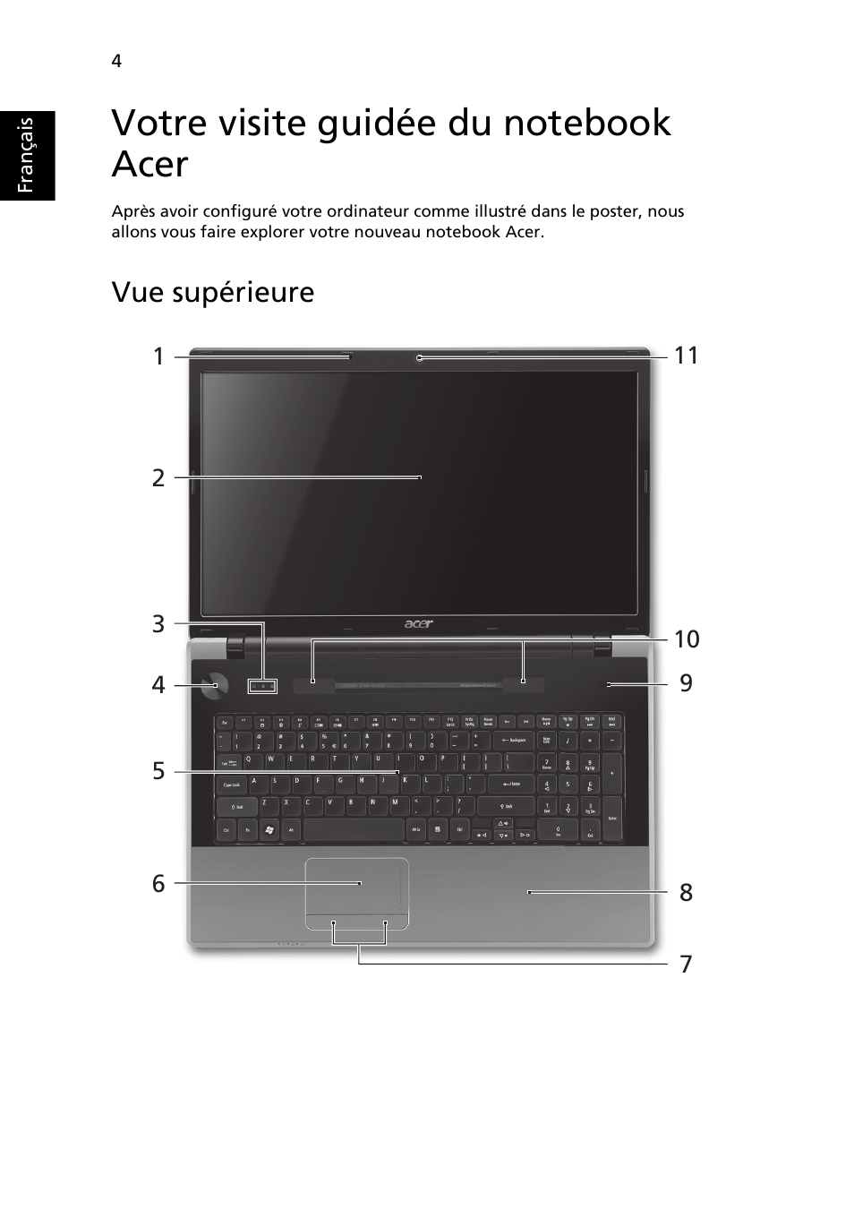 Votre visite guidée du notebook acer, Vue supérieure | Acer Aspire 7745Z User Manual | Page 18 / 376