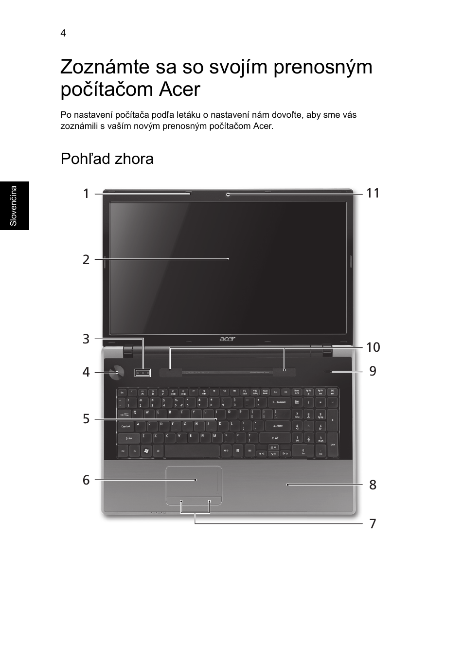 Zoznámte sa so svojím prenosným počítačom acer, Pohľad zhora | Acer Aspire 7745Z User Manual | Page 188 / 376