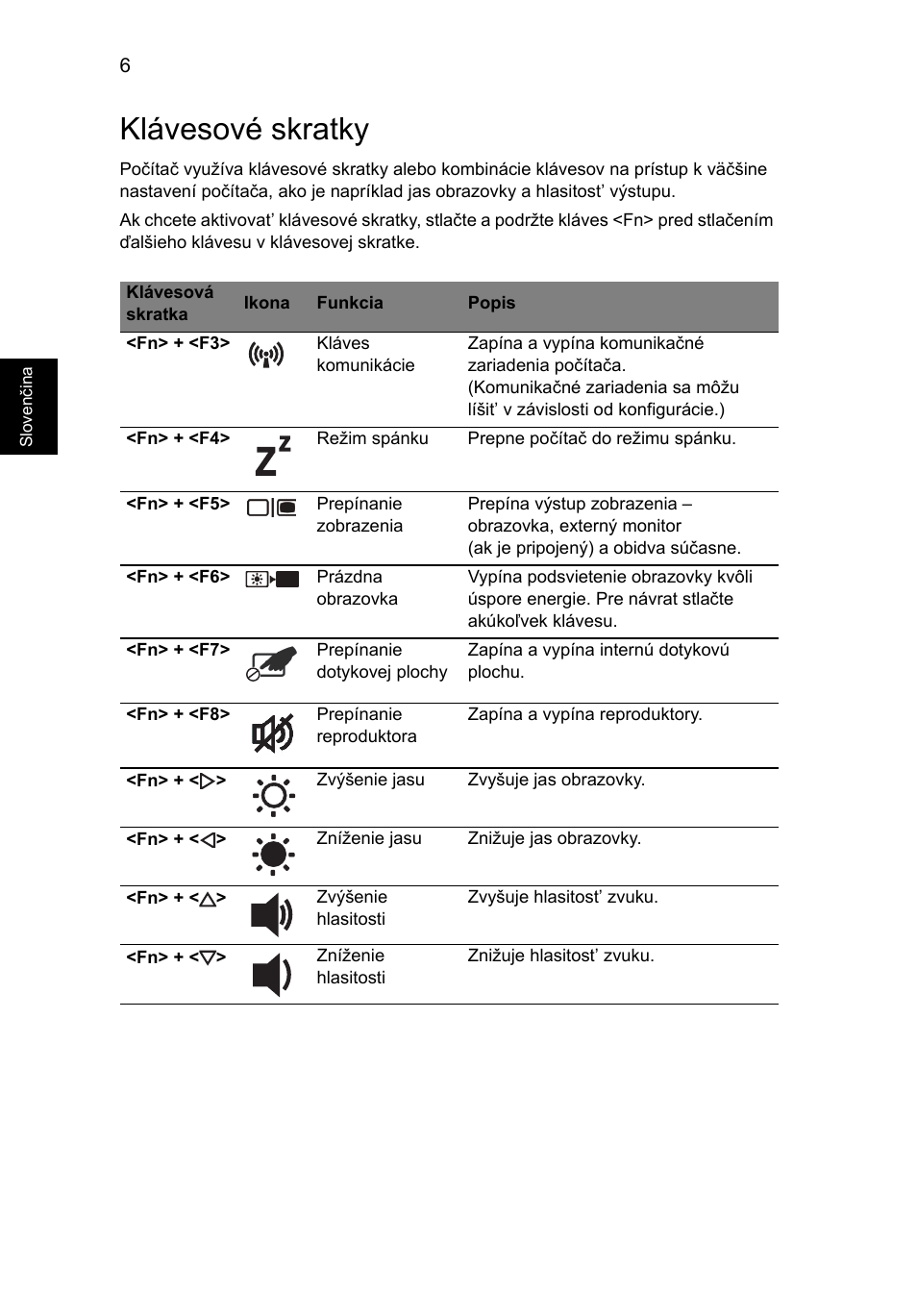 Klávesové skratky | Acer Aspire 7745Z User Manual | Page 190 / 376
