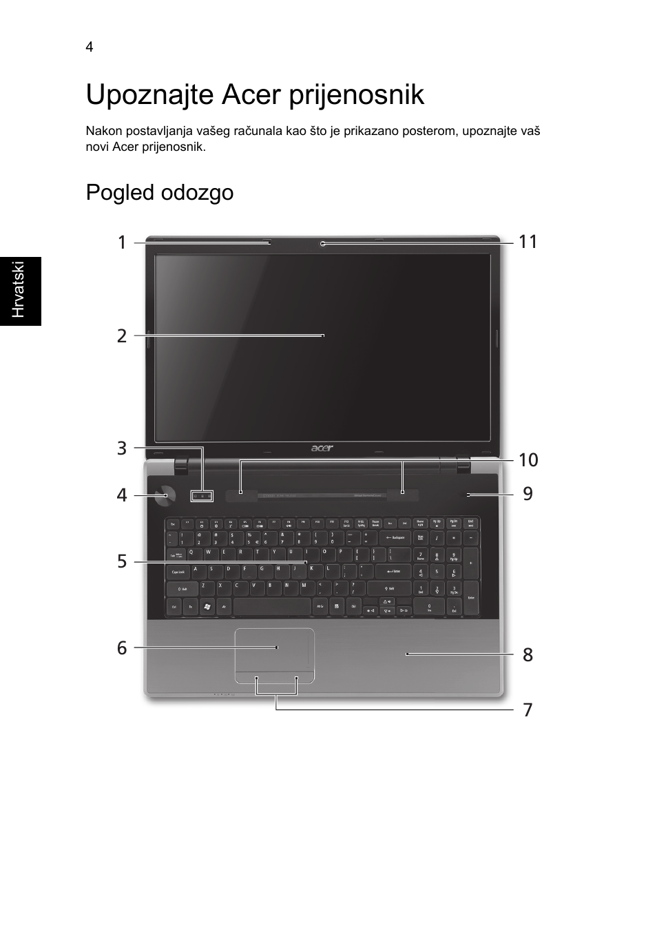 Upoznajte acer prijenosnik, Pogled odozgo | Acer Aspire 7745Z User Manual | Page 212 / 376