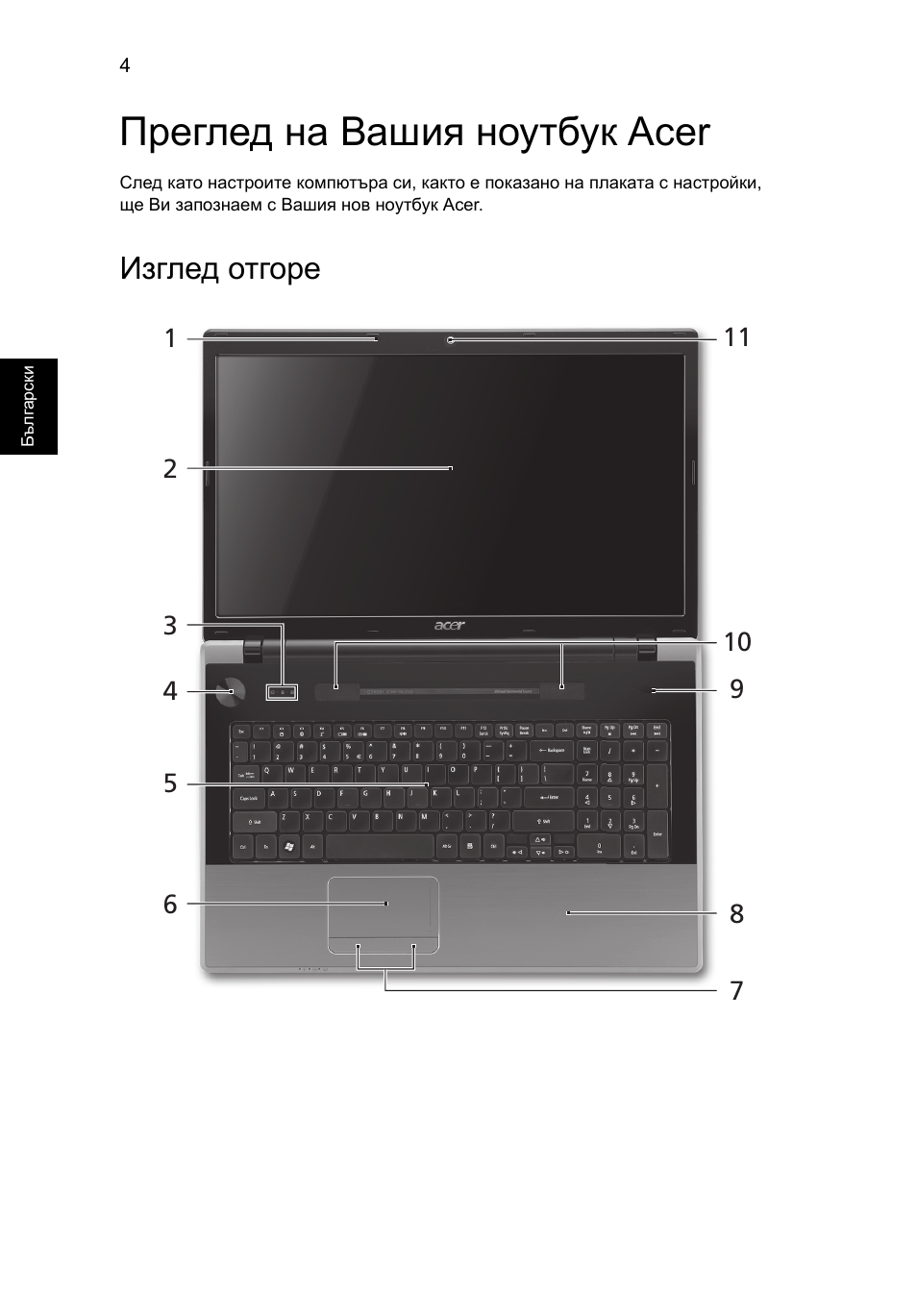 Преглед на вашия ноутбук acer, Изглед отгоре | Acer Aspire 7745Z User Manual | Page 236 / 376