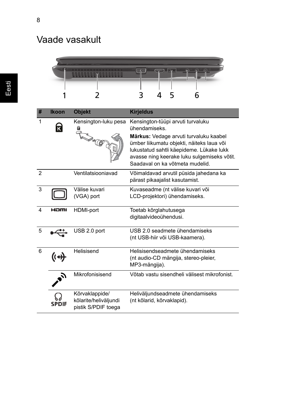 Vaade vasakult | Acer Aspire 7745Z User Manual | Page 252 / 376
