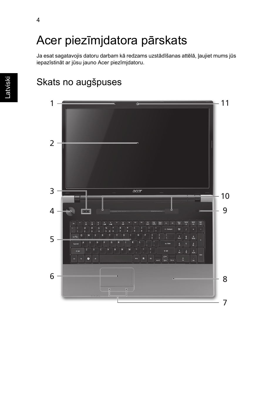 Acer piezīmjdatora pārskats, Skats no augšpuses | Acer Aspire 7745Z User Manual | Page 260 / 376
