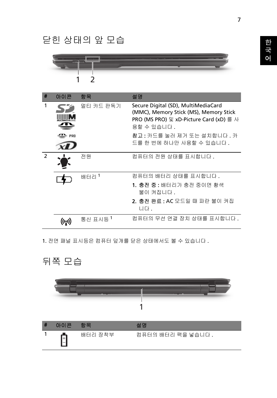 닫힌 상태의 앞 모습, 뒤쪽 모습 | Acer Aspire 7745Z User Manual | Page 323 / 376