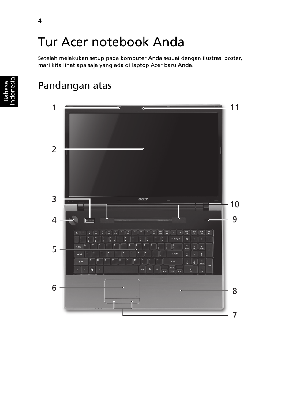 Tur acer notebook anda, Pandangan atas | Acer Aspire 7745Z User Manual | Page 356 / 376