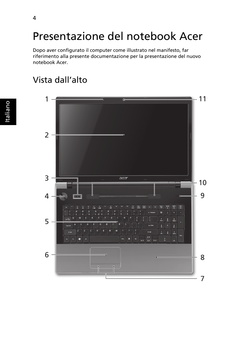 Presentazione del notebook acer, Vista dall’alto | Acer Aspire 7745Z User Manual | Page 42 / 376