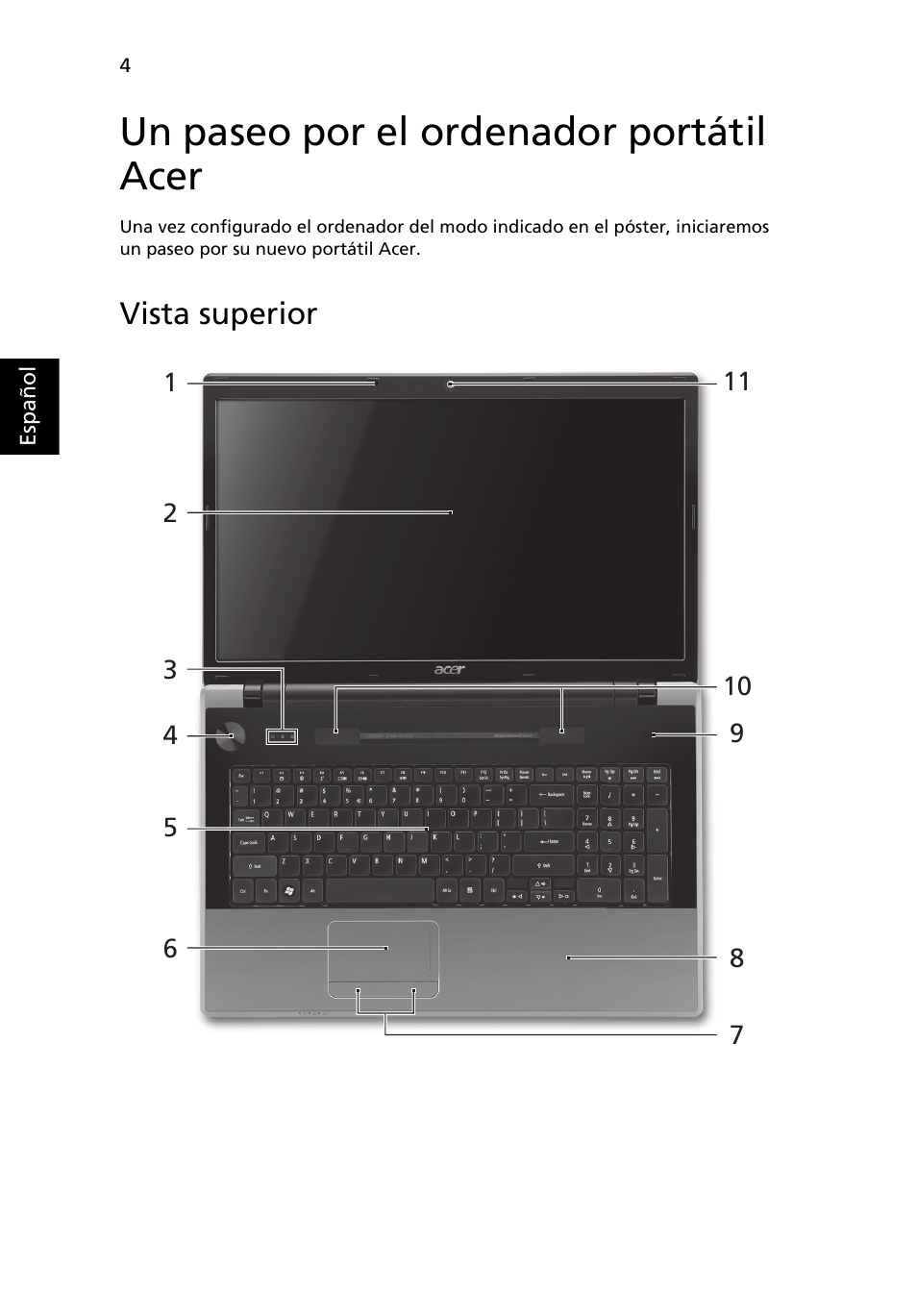 Un paseo por el ordenador portátil acer, Vista superior | Acer Aspire 7745Z User Manual | Page 54 / 376