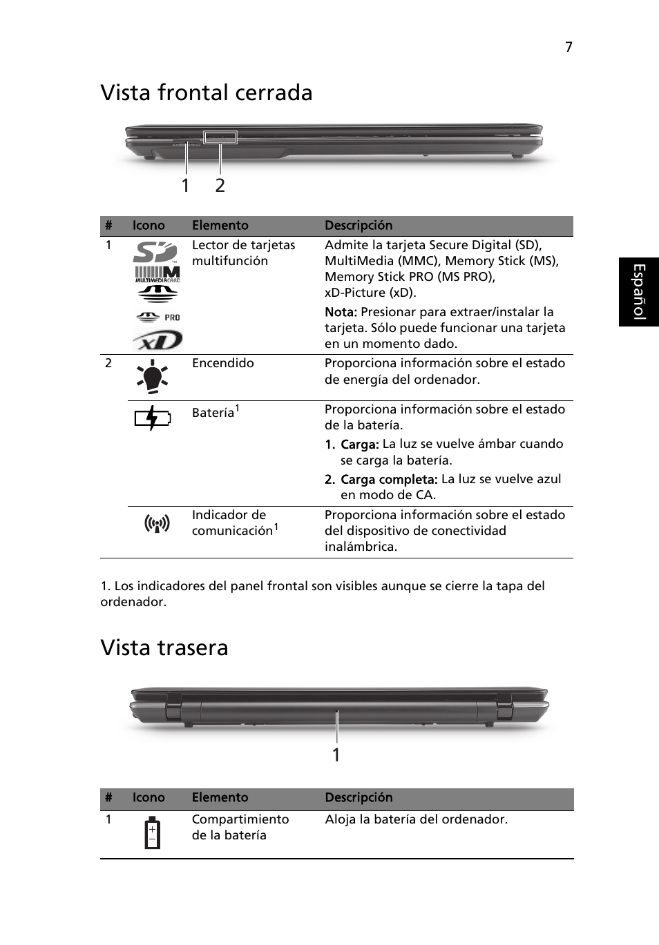 Vista frontal cerrada, Vista trasera | Acer Aspire 7745Z User Manual | Page 57 / 376